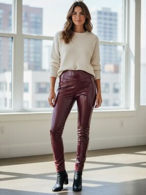 SPANX Size Large Vegan Leather Shaping Leggings Burgundy High Waist Pants Edgy